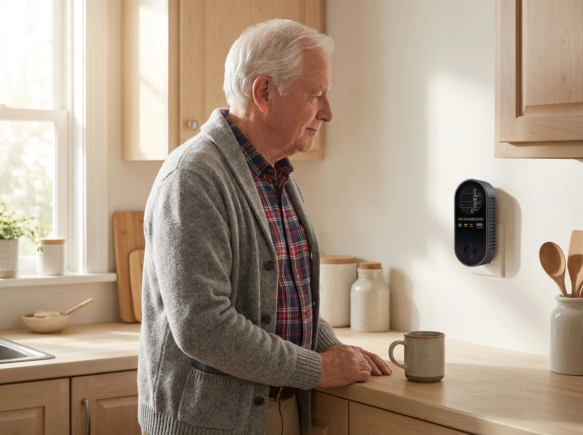 Older man checking his wall-plug Birch reading 0 PPM in his kitchen