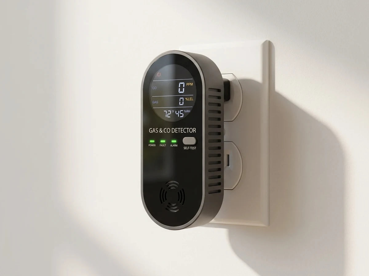 Birch carbon monoxide monitor plugged into a wall outlet showing 0 PPM