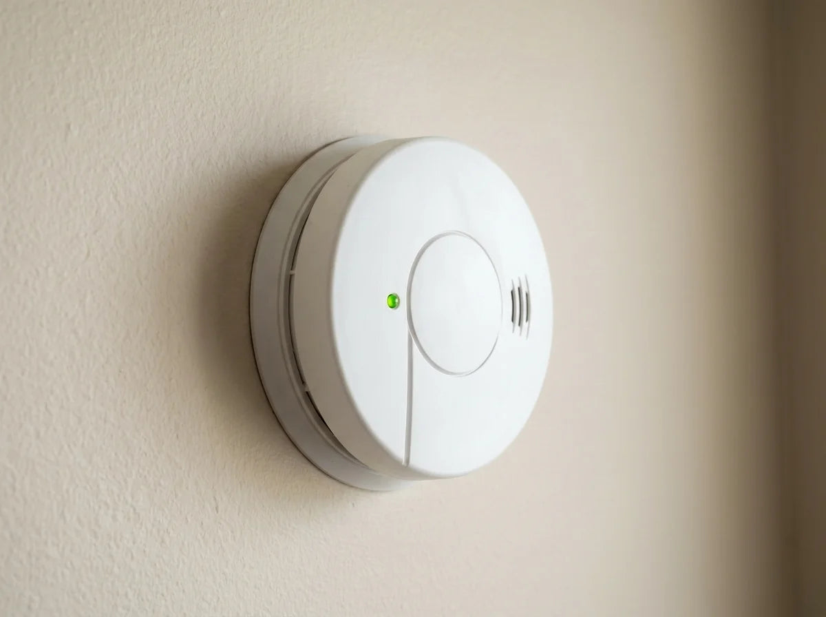 Standard carbon monoxide detector on a wall, green light glowing, while the room around it is quiet