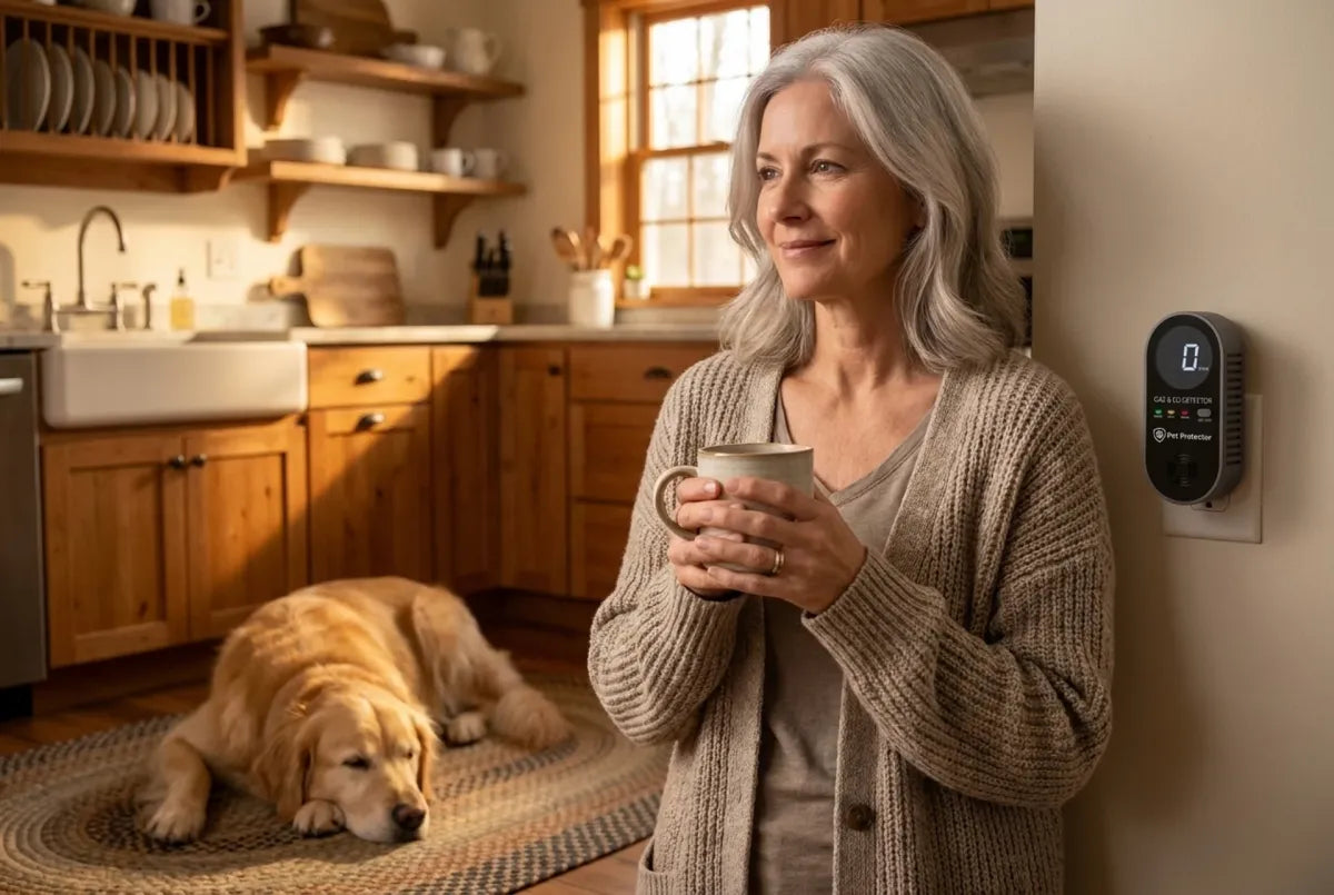 Pet owner with Pet Protector showing 0 PPM and her dog