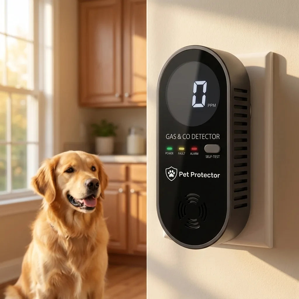 Pet Protector carbon monoxide detector plugged into a wall outlet showing 0 PPM with a golden retriever nearby