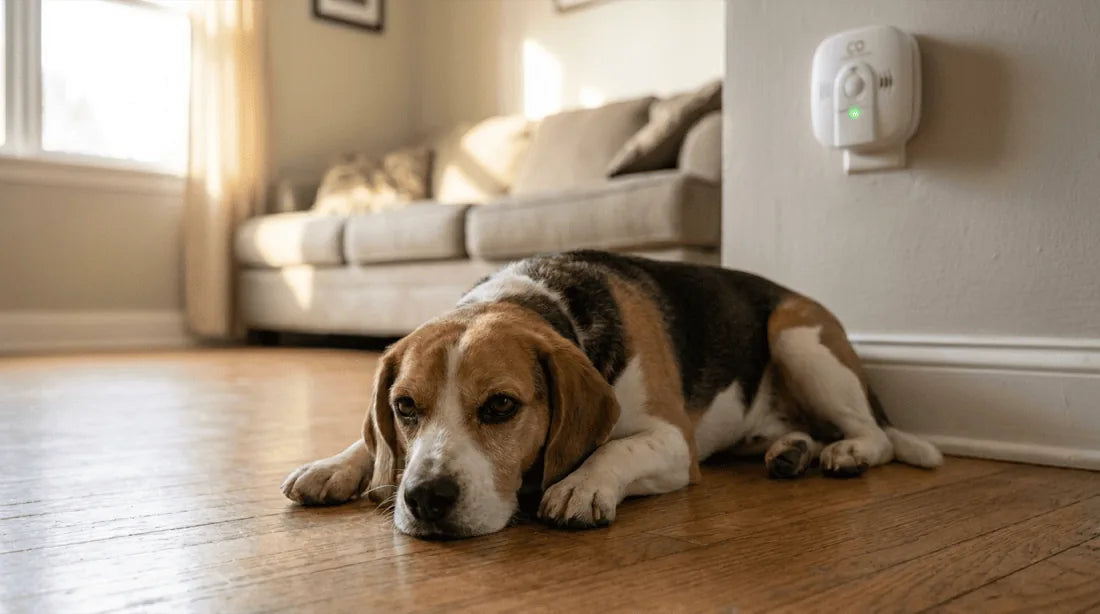 Dog at home — silent standard carbon monoxide detector glowing green in background