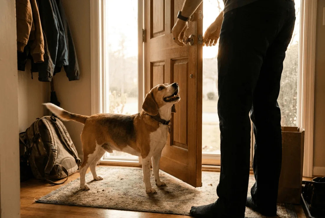 Biscuit — back at the door