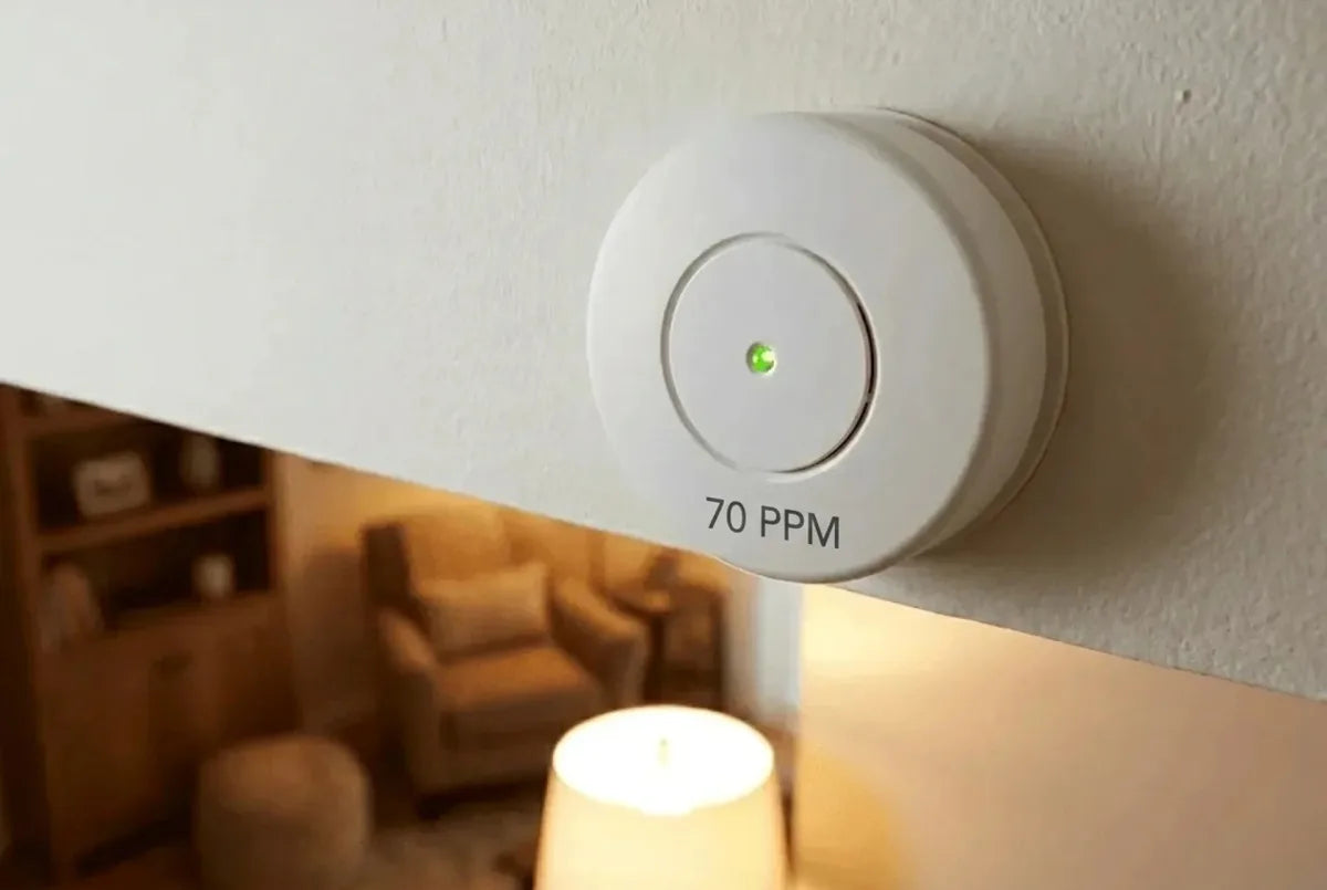 Carbon monoxide detector showing green light and 70 PPM alarm threshold