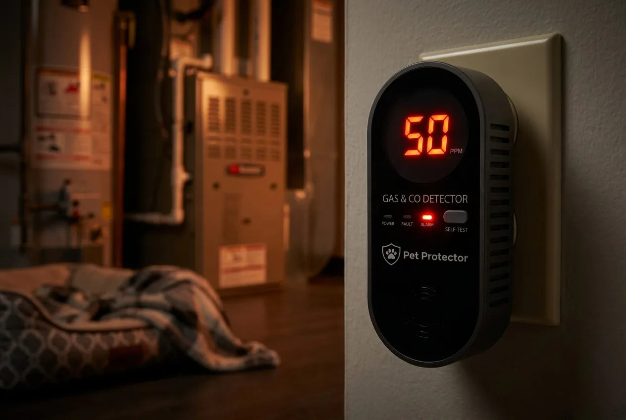 Pet Protector showing 50 PPM in red alarm state, plugged into a wall outlet in a corner near a furnace