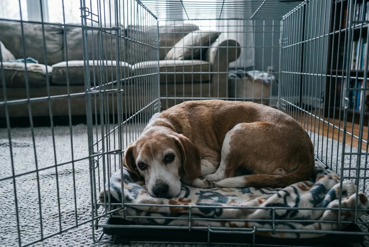 Willow withdrawn and unwell, curled inside her crate