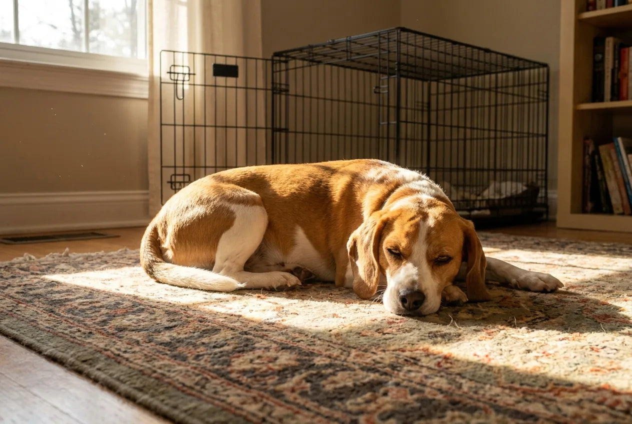 Willow recovered, resting in the sun on the rug with her crate empty behind her