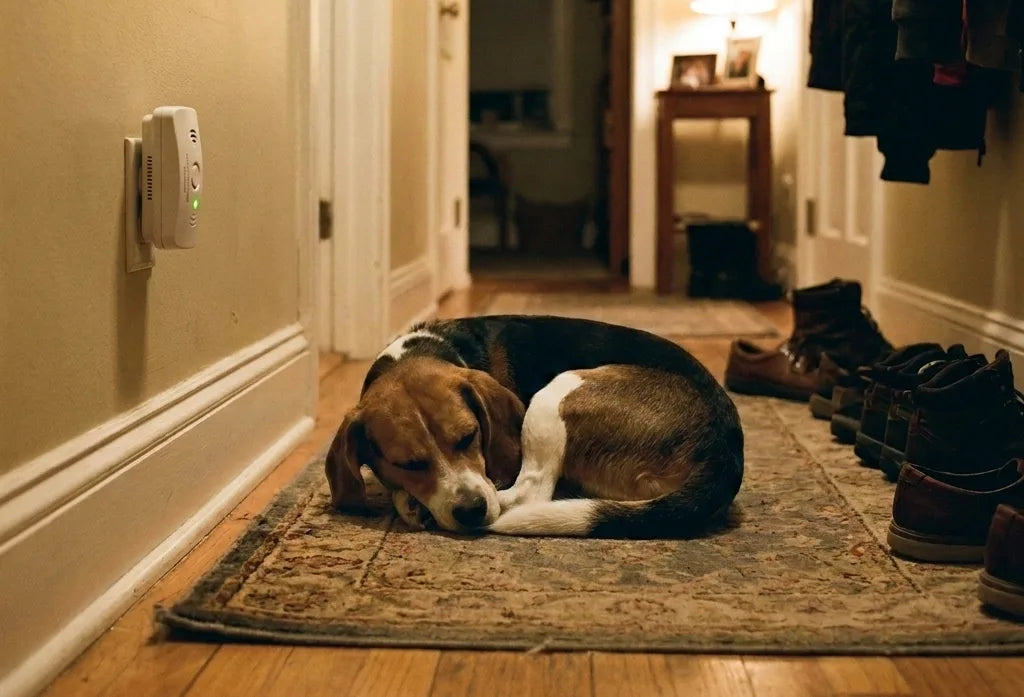 A beagle asleep on a hallway rug beside a wall-mounted carbon monoxide detector